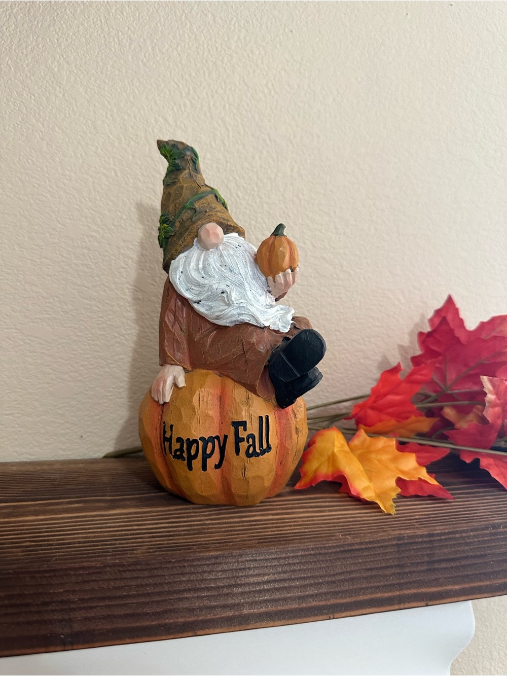Autumn Gnome Figurine on Pumpkin - Happy Fall